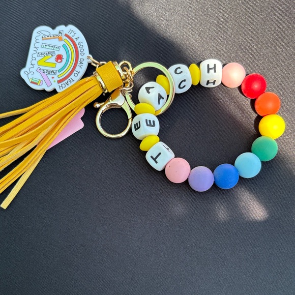 Accessories - Rainbow Beaded Keychain Wristlet with Yellow Tassel